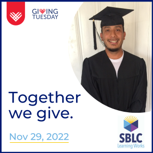 graduate in cap and gown with Giving Tuesday logo and text