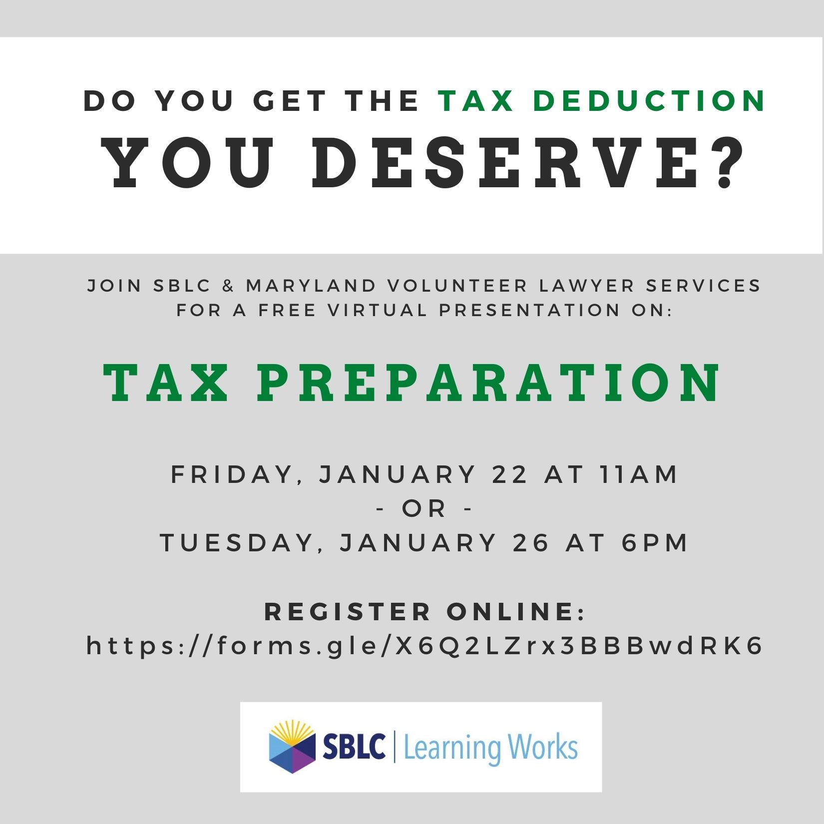 Tax Presentation Flyer - South Baltimore Learning Center